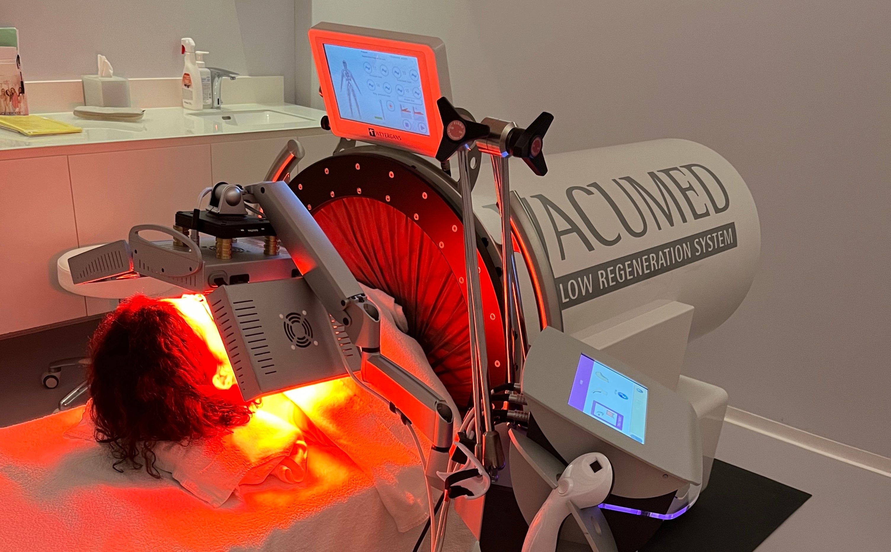 Victoire testing an intermittent vacuum therapy at Chenot Palace Weggis