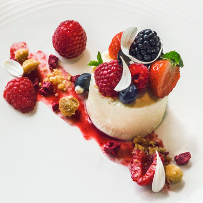 Dessert with fruits and panacotta at Lefay Dolomiti
